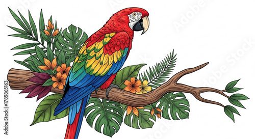 A colorful macaw perched on a branch with tropical foliage isolated on