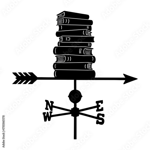 Stack of books on weather vane pointing north, south, east, and west, transparent background, isolated, vector  