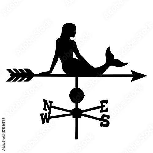 Mermaid silhouette on weather vane with cardinal directions, transparent background, isolated, vector  