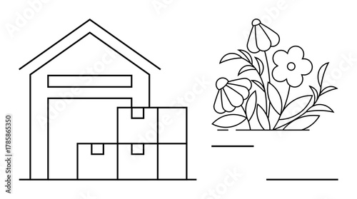 Warehouse with stacked boxes beside blooming flowers in a garden. Ideal for logistics, storage, sustainability, environment, gardening, eco-friendly practices, and minimalism concepts. Simple flat