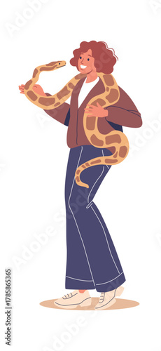 Woman carrying lovely snake pet