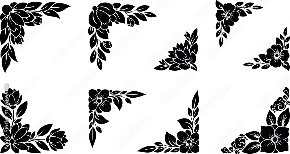 Naklejka premium Decorative floral corner elements vector set with black silhouette leaves and flowers 