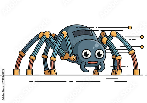 A cute, cartoonish illustration of a blue spider with large, expressive eyes and eight segmented legs.