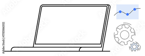 Laptop outline with a data graph and gear icons conveying progress, innovation, and system optimization. Ideal for technology, analytics, workflow optimization, data science, automation, business