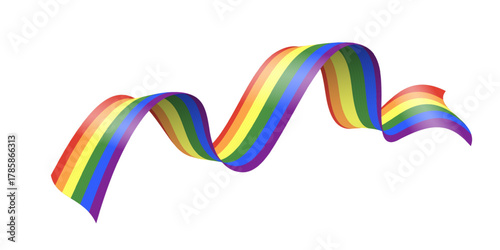 Rainbow pride ribbon with six vibrant colors. Wavy LGBTQ banner with dynamic flowing curves representing equality, diversity, love. Symbol of inclusivity. Realistic vector illustration.
