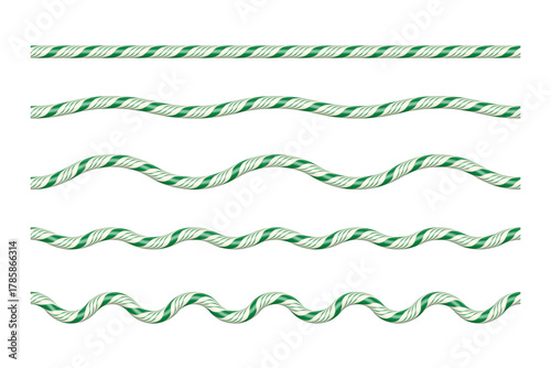 Green and white candy cane ropes in various wave patterns. Festive twisted lines with increasing curvature for Christmas borders, dividers, decorative holiday designs. Realistic vector illustrations.