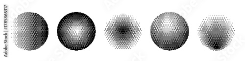 Pixel gradient circles background. Black and white dotted spheres with optical illusion and depth effect. Abstract digital pattern for modern graphic design. Vector illustration.