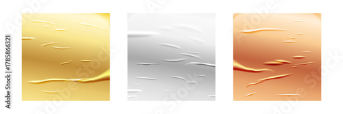 Paper wrinkle glued square poster in golden, silver and bronze colors. Crumpled square sheet texture with crease and fold effect for vintage banner or wall mockup. Realistic vector illustration.