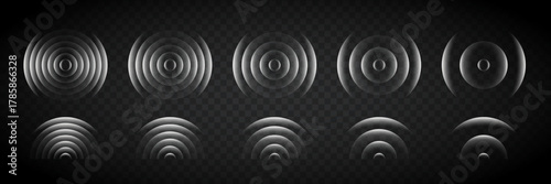 Sound wave rings. Glowing neon white wifi, wireless network, signal circles with futuristic motion ripple effect isolated on transparent background. Tech abstract vector illustration.