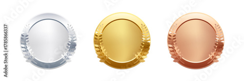 Gold, silver, bronze circle medals. Metal coins. First, second, third place award frames isolated on white background. Winners trophy. Blank shiny badge, label. Realistic vector illustration.