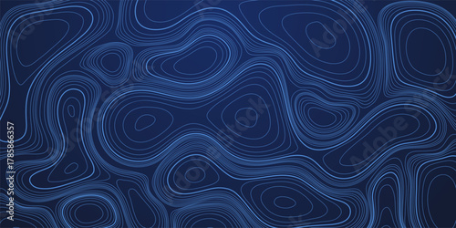 Topographic map background. Blue topography contour pattern with smooth wavy lines and gradient depth effect. Geographic design for marine or navigation themes. Modern vector illustration.