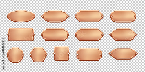 Blank bronze metal nameplate plaques in various vintage shapes with decorative edges and screw holes. Metallic copper labels for engraving, signage, awards, door signs. Realistic vector illustration.