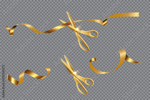 Ribbon gold scissors cut ceremony on transparent background. Golden clippers cutting satin tape for grand opening celebration. Luxury design for business event. Vector illustration.