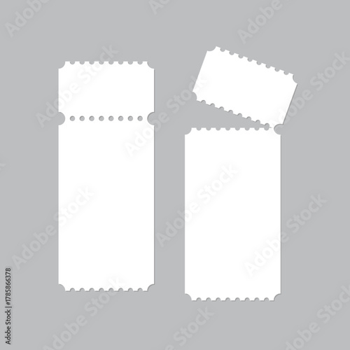 Blank white tear off tickets. Collection of narrow admission passes with perforated edges and detachable stubs. Minimal template for events, raffles, concerts. Realistic vector illustration.