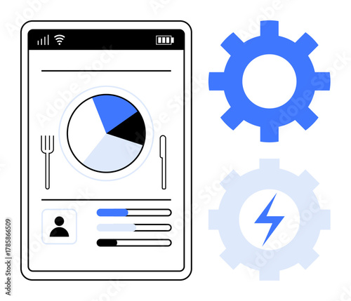 Mobile app screen displaying a pie chart, user info, and progress bars. Two gear icons for settings and energy optimization. Ideal for wellness, tech, health data, mobile apps, personalization