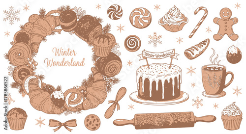 Elegant Winter Bakery Vector Elements, pastry wreath and frosted cake for patisserie branding