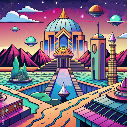 Surreal Retro-Futuristic Dreamscape with Pixel Skies
