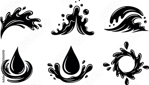 Water splash drops and wave shapes collection in black silhouette style vector illustration 
