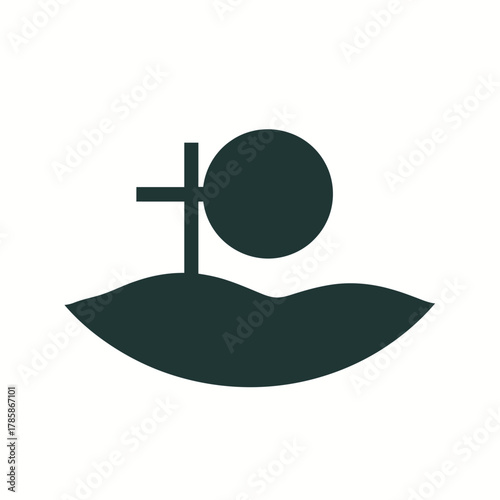 Symbolic depiction of a cross atop a hill with a circular object illustration