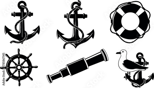 Nautical icons set with anchor, ship wheel, telescope, lifebuoy, and seagull vector illustration 