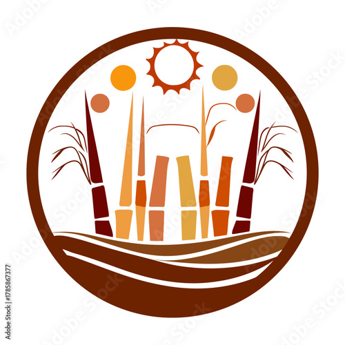 Stylized illustration of sugarcane plants within a circular emblem