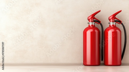Red fire extinguishers stand ready in front of a beige wall to promote safety and preparedness in any environment