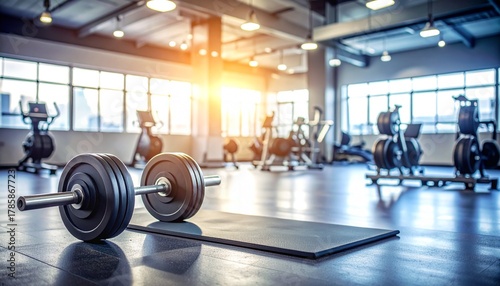 Blurred fitness gym environment with metallic workout equipment, barbells, and mats, cool neutral lighting evoking motivation and activity, ideal for a health or gym advertisement background.