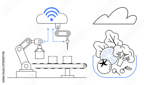 Robotic arm processes items on conveyor, connected to cloud through IoT. Fresh vegetables in bowl link food production and automation. Ideal for technology, agriculture, IoT, innovation