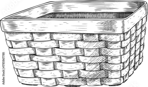 Wicker basket engraved sketch, vector hand drawn pot for house plants, flowerpot, interior decoration, garden container