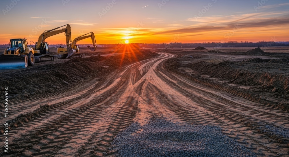 Fototapeta premium Empty Road Construction Site at Sunset with Digger Tracks and Unfinished Path, Infrastructure Development Theme