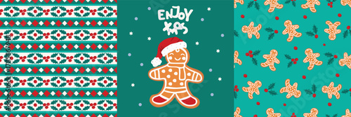 Enjoy xmas print with gingerbread man and seamless festive patterns set with holly and cookies. Red, blue, beige and green colors.Traditional vector designs for printing on fabric and paper.  