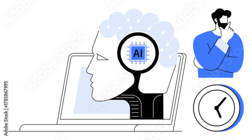 Head with AI chip on a laptop, man thinking, clock nearby. Ideal for AI, technology, innovation, decision-making, time management future thinking productivity concepts. Minimal flat metaphor