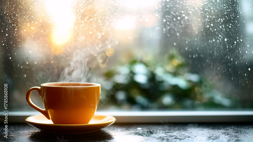 Morning Coffee by the Rainy Window | Cozy Cup with Sunrise | Steaming Coffee and Raindrops
