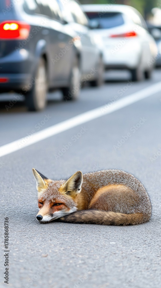 Fototapeta premium Dead fox rests on asphalt road while cars pass by during a warm summer day in a suburban setting