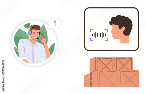 Support agent with headset interacting, voice recognition log displayed, stacked boxes for storage. Ideal for logistics, communication, technology, warehouse management, customer support, automation