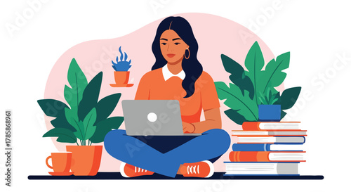 Young woman comfortably engaged in remote work or online learning, utilizing her laptop surrounded by an inspiring home office setup with plants and books, reflecting a modern, flexible lifestyle