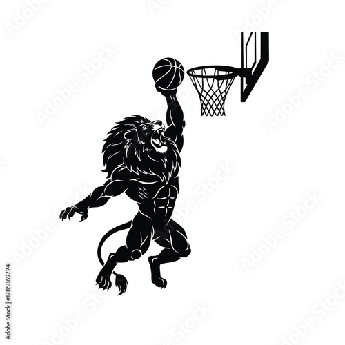 Lion dunking basketball into a hoop, powerful sports mascot graphic illustration style