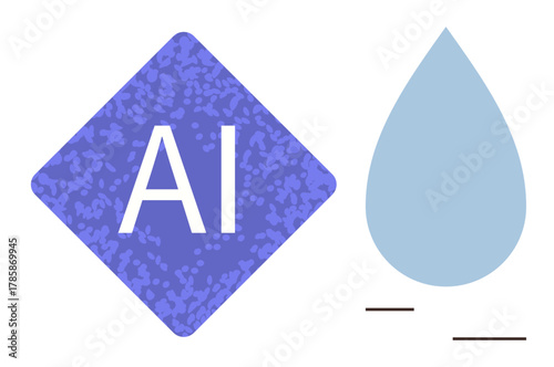 Purple diamond with AI text, textured pattern, blue droplet, and minimalist lines. Ideal for artificial intelligence, data, innovation, technology science sustainability creativity. Simple flat