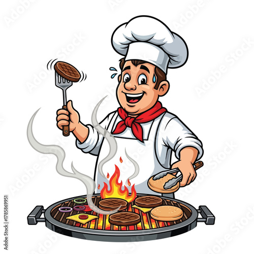 A cartoon chef grilling burgers on a barbecue, a delicious and appetizing illustration for cooking and outdoor dining
