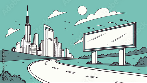 Billboard on road with city skyline
An illustrative scene featuring a blank billboard alongside a winding road, with a modern city skyline in the background. The image depicts urban travel or advertis