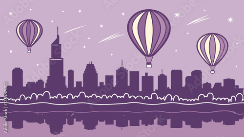 Hot air balloon over city skyline at night
A flat vector illustration depicting hot air balloons floating above a city skyline at night, with reflections on the water below. The scene is set against a