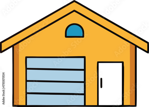 A simple cartoon illustration of a detached garage with a large overhead door and a single side door isolated on transparent background