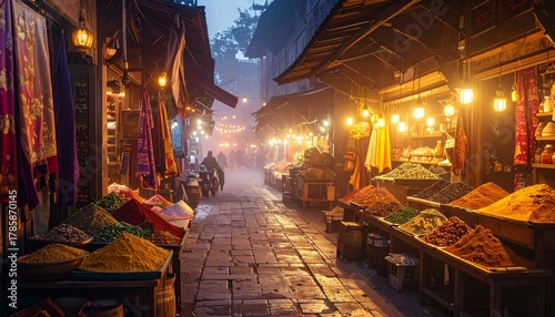 Old Indian marketplace at dusk with magical luminescent hues, antique wooden stalls, glowing oil lamps, spices and textiles softly shimmering in twilight mist.