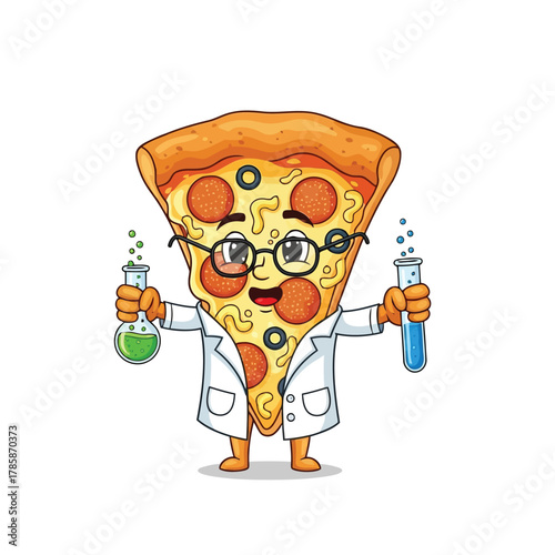 A cartoon pizza slice character with a cheerful expression is wearing a lab coat, conducting scientific experiments