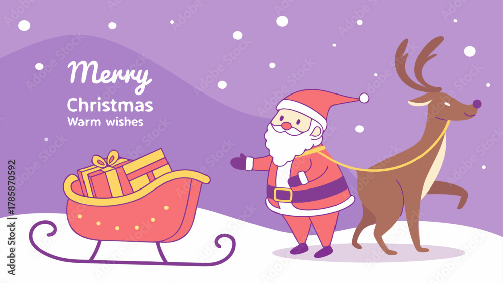Fototapeta premium Christmas santa claus and reindeer with gifts An illustration depicting Santa Claus, a reindeer, and a sleigh loaded with Christmas gifts against a snowy purple background, with 