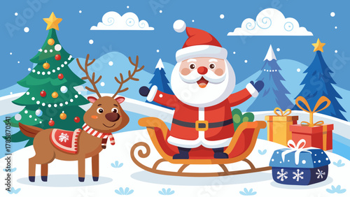 Santa claus with reindeer and sleigh
Illustration of Santa Claus sitting in a sleigh, accompanied by a reindeer, in a snowy winter landscape with decorated Christmas trees and wrapped gifts.