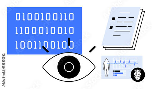 Binary code, human eye focus, medical report, heartbeat chart, and heart diagram. Ideal for AI, healthcare, technology data processing diagnostics visualization future innovation. Simple flat