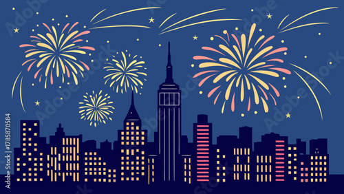 Fireworks over city skyline
Stylized illustration of colorful fireworks exploding over a dark city skyline at night, depicting celebration and festive urban life.