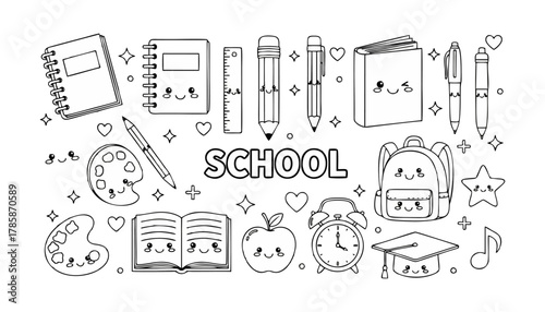 Whimsical line art illustration of school supplies and elements with cute faces around "SCHOOL