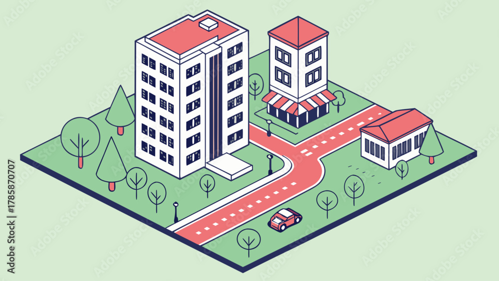 Fototapeta premium Isometric city street buildings An isometric illustration showcasing a stylized city block with various buildings, a street, a car, and trees, rendered in a clean, line-art graphic style.